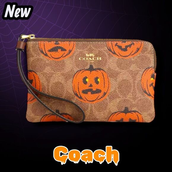New NWT Coach Corner Zip Wristlet in Signature Canvas with Pumpkin Print - Picture 1 of 3